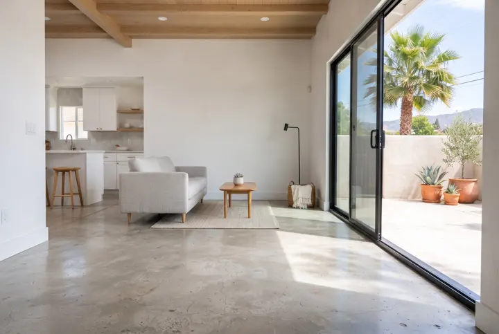 A modern open-plan home interior with polished light-gray concrete floors, white plaster walls