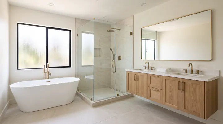 Primary bathroom with a freestanding tub, walk-in glass shower and oak double vanity