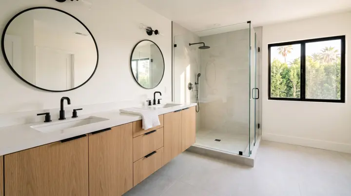 Primary bathroom with round black mirrors, matte black fixtures and a frameless shower