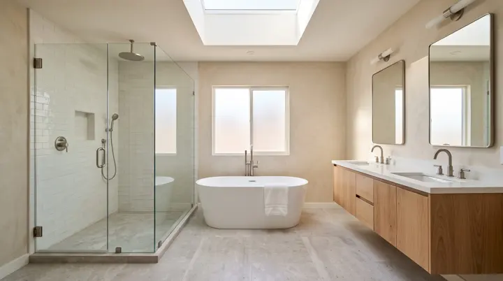Spacious primary bathroom with a skylight, freestanding tub and walnut vanity