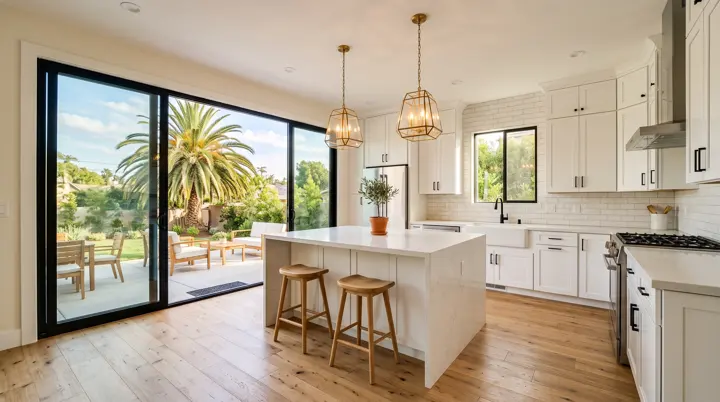 Kitchen with white shaker cabinets, a large island and sliding glass doors to a sunny backyard