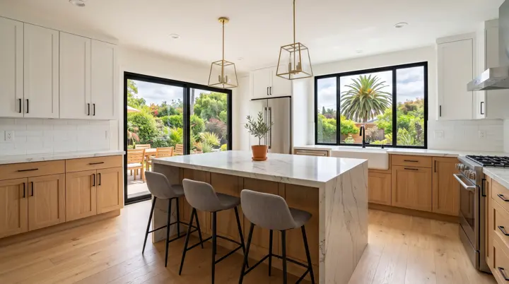 Remodeled kitchen with a quartz island, bar stools and a large window over the backyard