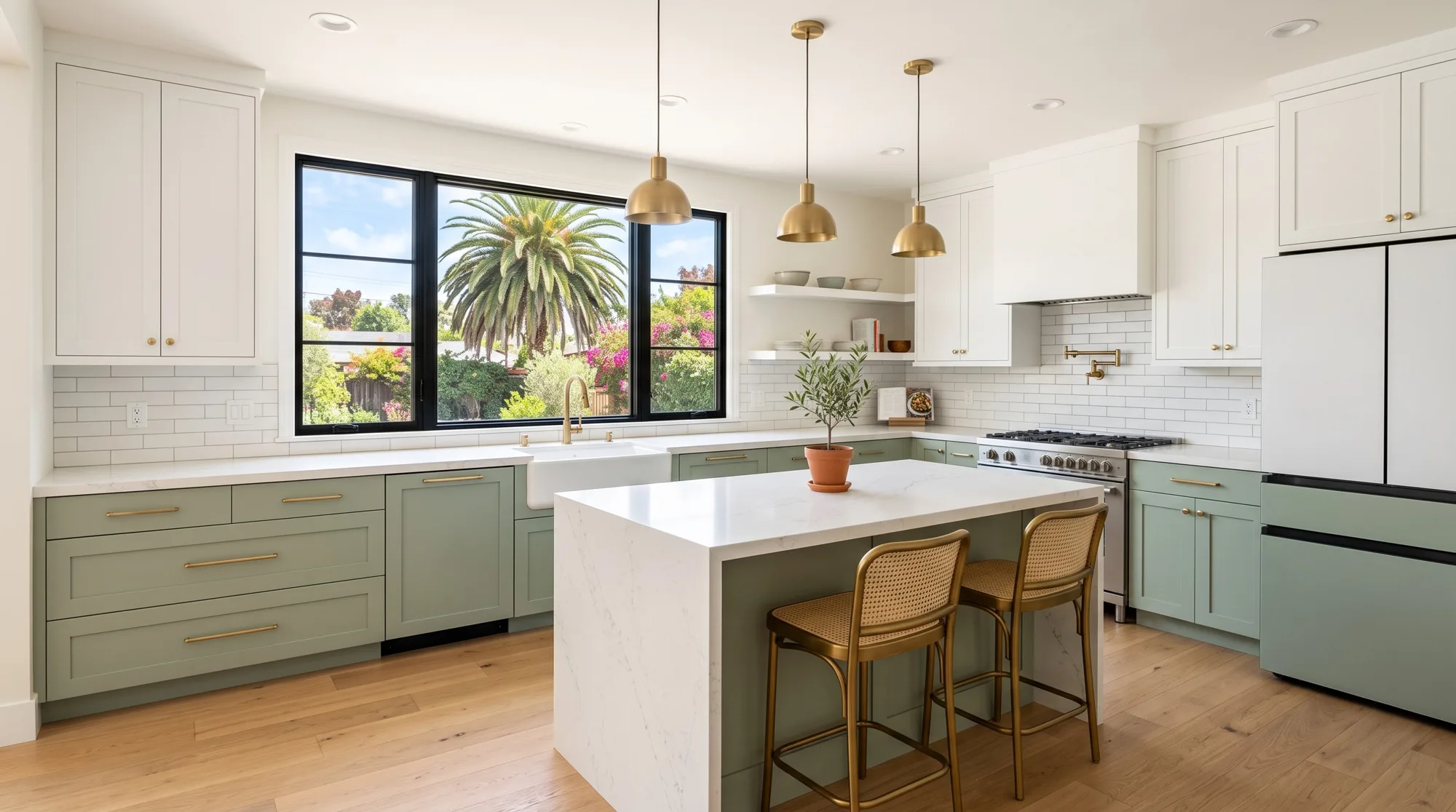 Warm modern kitchen with wood cabinets and a dark island