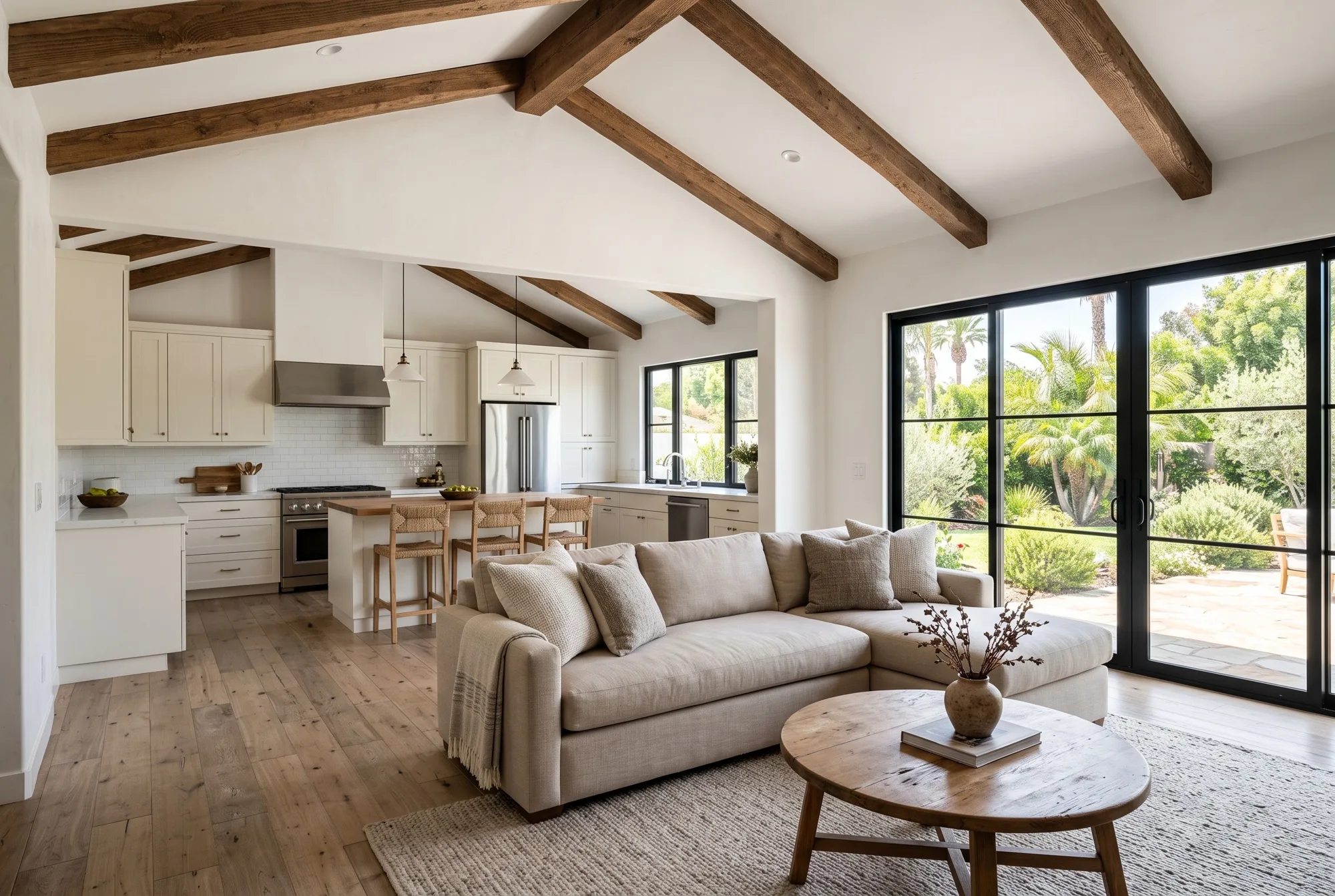 Open living room and kitchen with a vaulted beam ceiling and black-framed sliding glass doors
