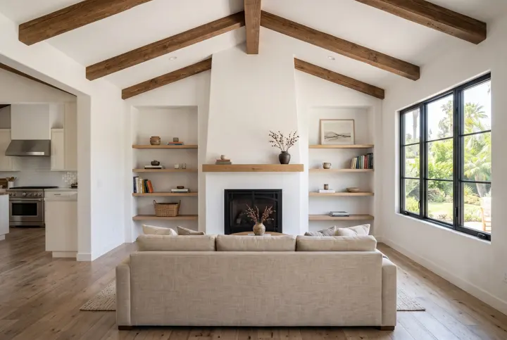 Living room with a plaster fireplace, built-in shelving and exposed wood beams