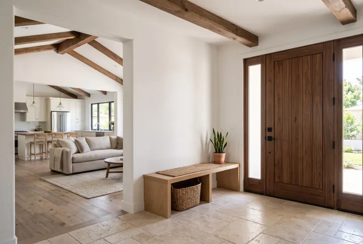 Entry with a modern wood front door, a wood bench and a woven basket