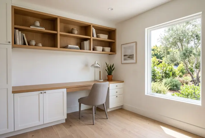 Home office with a built-in oak desk, floating shelves and a garden window
