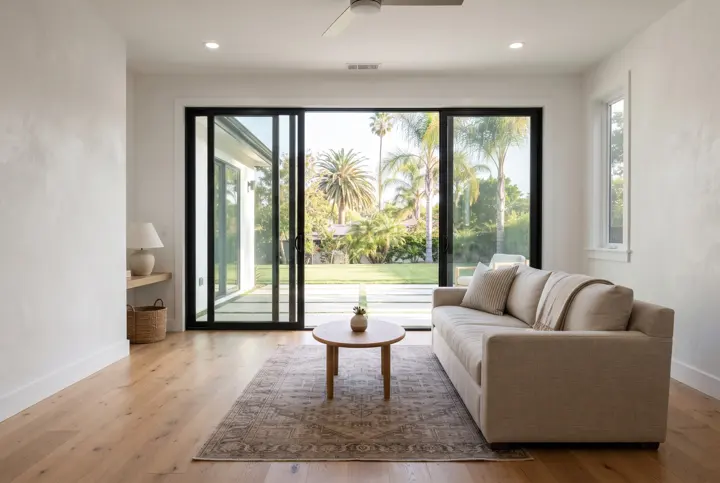A living room with a large multi-panel black-framed sliding glass wall opening to a sunny patio with a lawn and palm trees