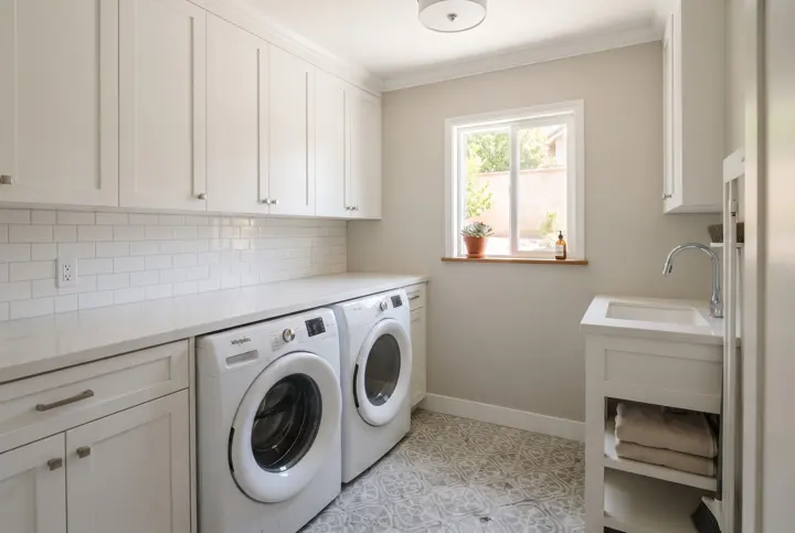A laundry room with white shaker upper and lower cabinets