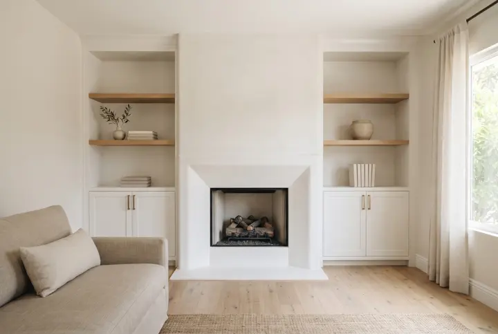 A living room fireplace wall with a smooth white plaster fireplace flanked by built-in white bookshelves with oak shelves