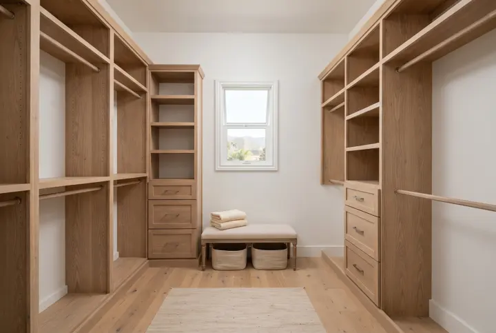 A walk-in closet with custom natural oak shelving, hanging rods, drawers