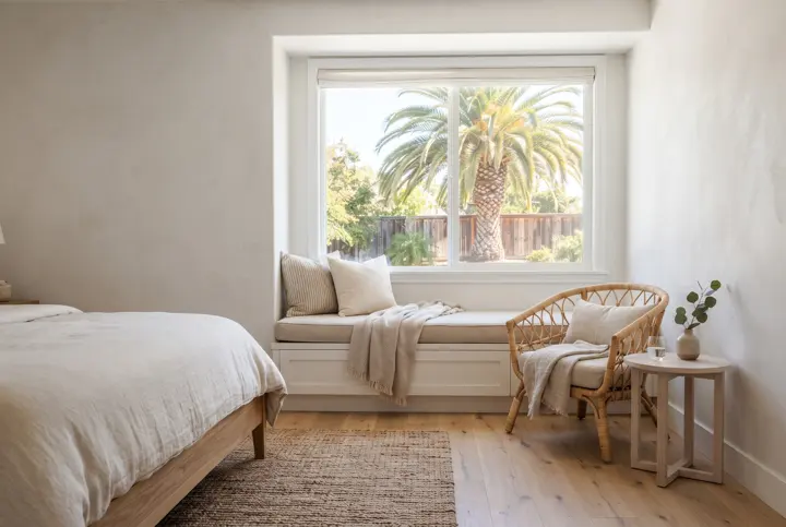 A primary bedroom sitting area with a built-in upholstered window seat under a large window looking to a sunny yard with a palm tree