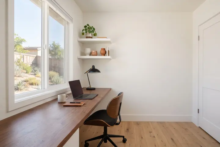 A compact second home office with a built-in walnut desk along a window