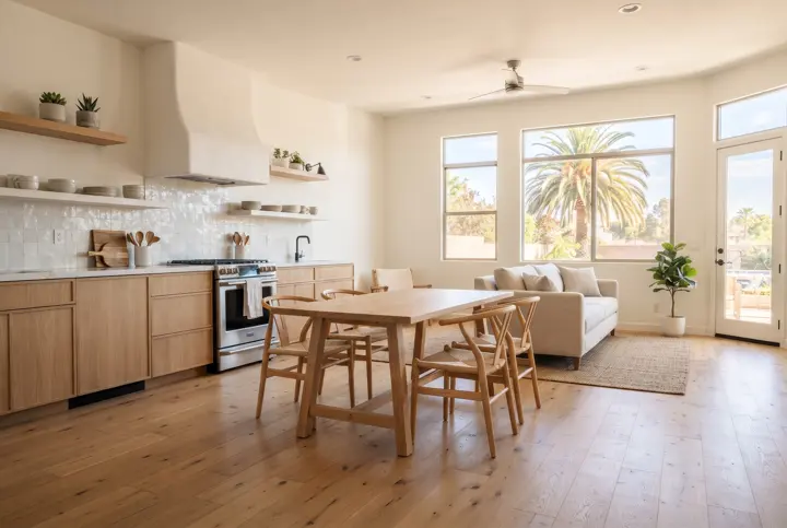 An open-plan living and dining room with a kitchen along one wall featuring a sculpted white plaster range hood above a stainless range