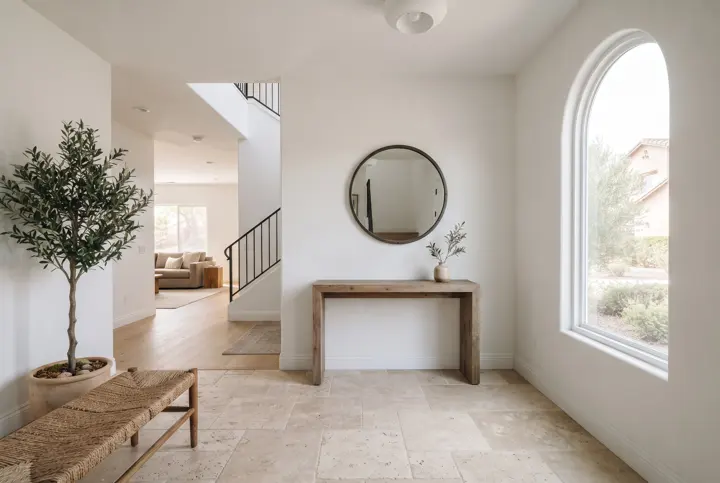 A bright entry foyer with a wood console table and a round mirror above it, a tall arched window