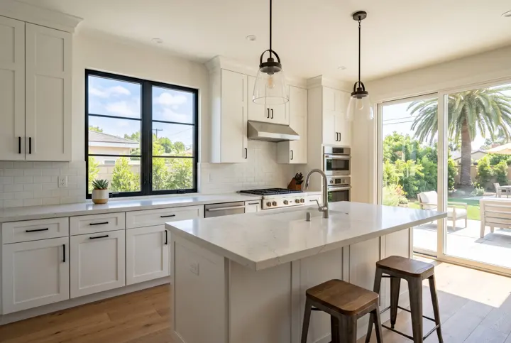 White shaker kitchen with a quartz island, black window frames and sliding glass doors to the backyard