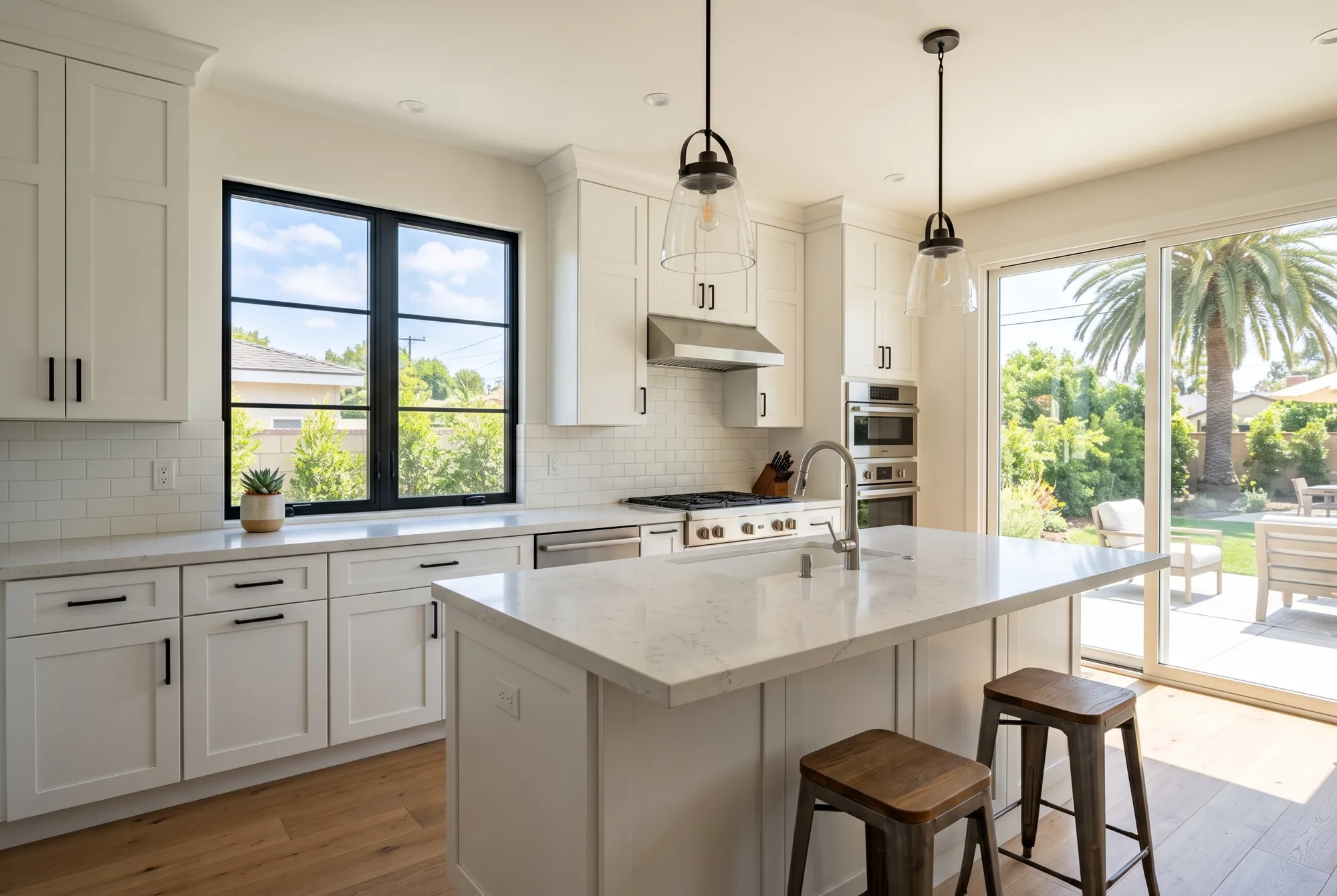 White shaker kitchen with a quartz island, black window frames and sliding glass doors to the backyard