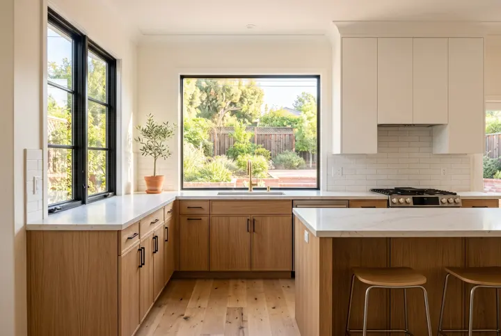 Kitchen with natural oak lower cabinets, white upper cabinets and a large window over the sink