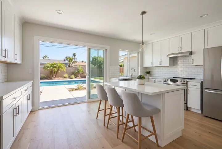 Kitchen with a white island, gray bar stools and a sliding glass door to a pool