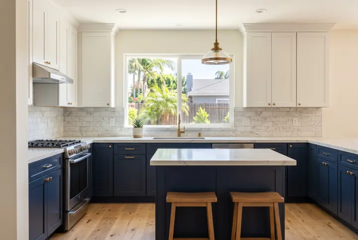 Kitchen with navy blue lower cabinets, a white island and brass pendant light