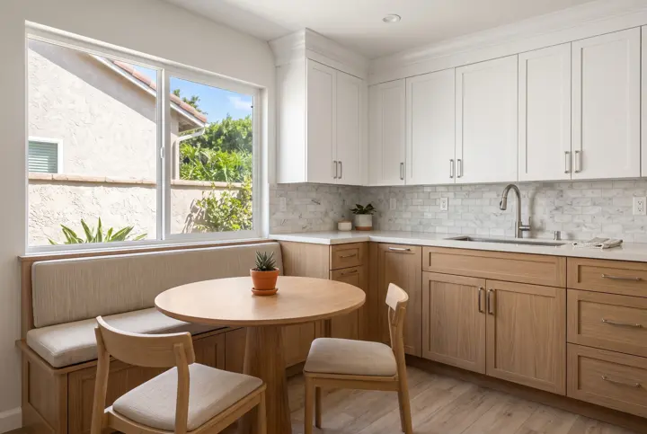 L-shaped kitchen with oak cabinets and a built-in breakfast nook with a round table