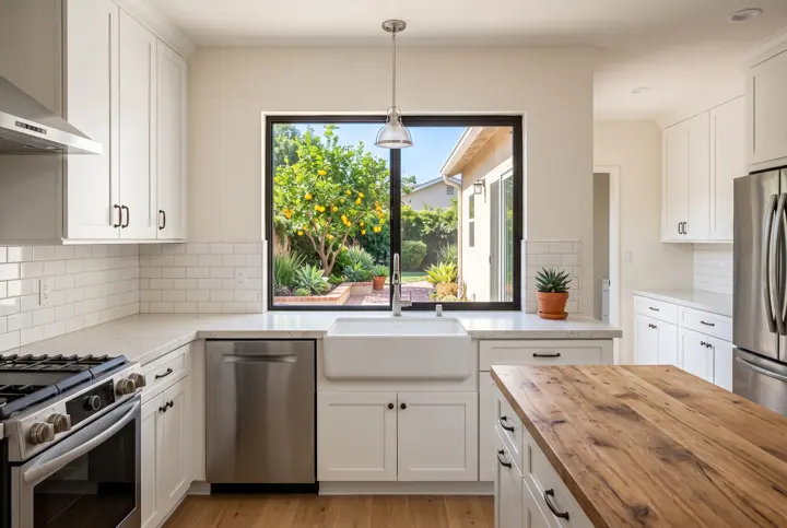 Kitchen with a farmhouse sink under a window, white cabinets and a butcher-block counter