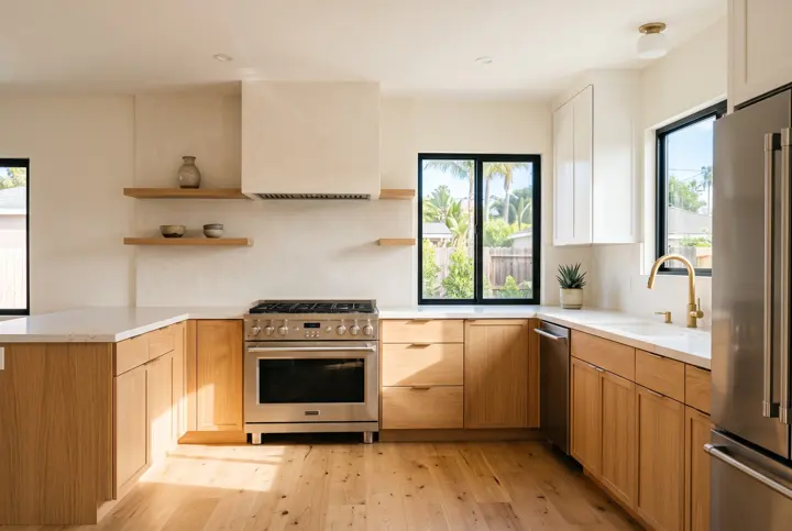 Kitchen with a plaster range hood wall, oak base cabinets and a stainless range