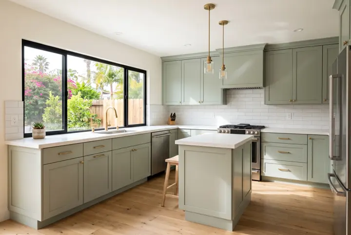 Kitchen with soft sage green cabinets, brass pulls and a black-framed window
