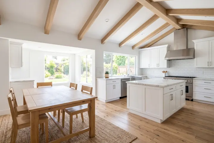 Open-plan kitchen and dining area with a vaulted beam ceiling and a white island