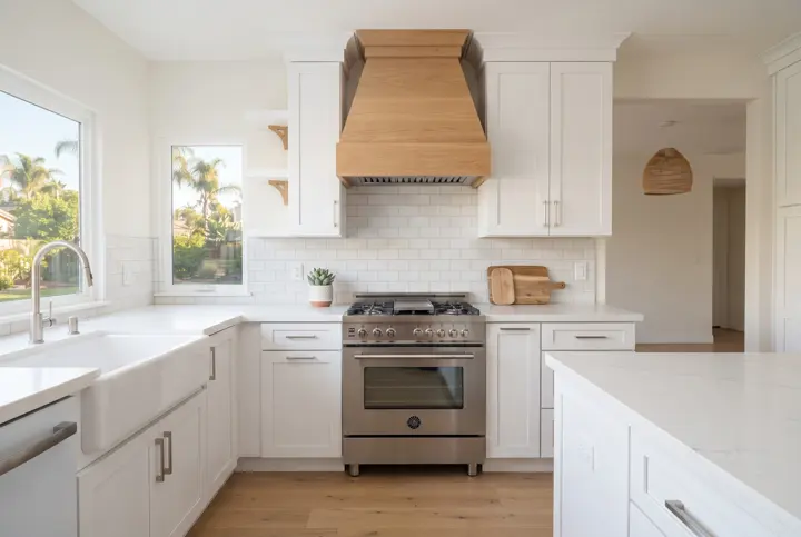 A white kitchen with shaker cabinets and a custom range hood clad in warm natural white oak