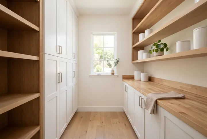 A kitchen walk-in pantry with custom cabinetry, white shaker doors and open wood shelves