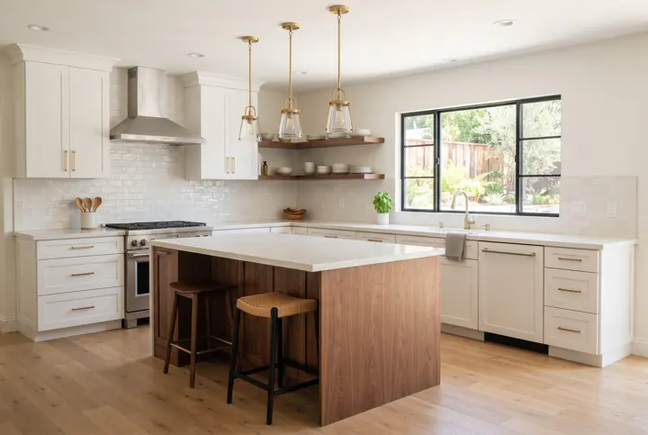 A bright modern kitchen with white shaker perimeter cabinets and a large walnut wood island with a white quartz waterfall countertop