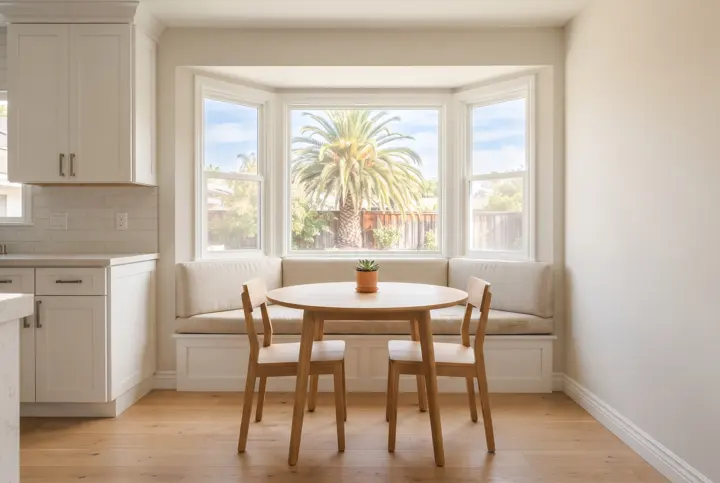 A sunny breakfast nook off the kitchen with a built-in upholstered window-seat bench in a bay window