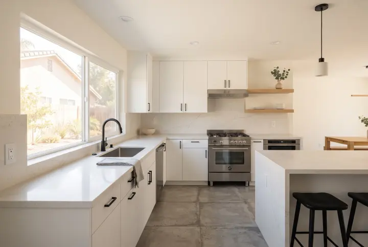 A modern kitchen with flat-panel matte white cabinets, matte black faucet and cabinet hardware