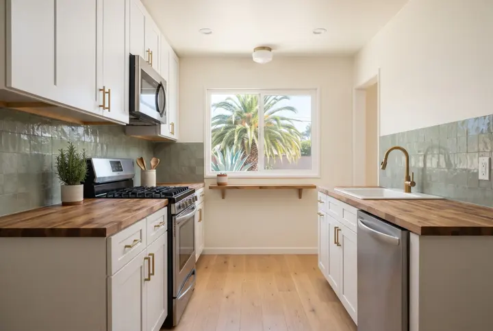 A galley kitchen with a handmade-look sage green tile backsplash, white flat-panel cabinets