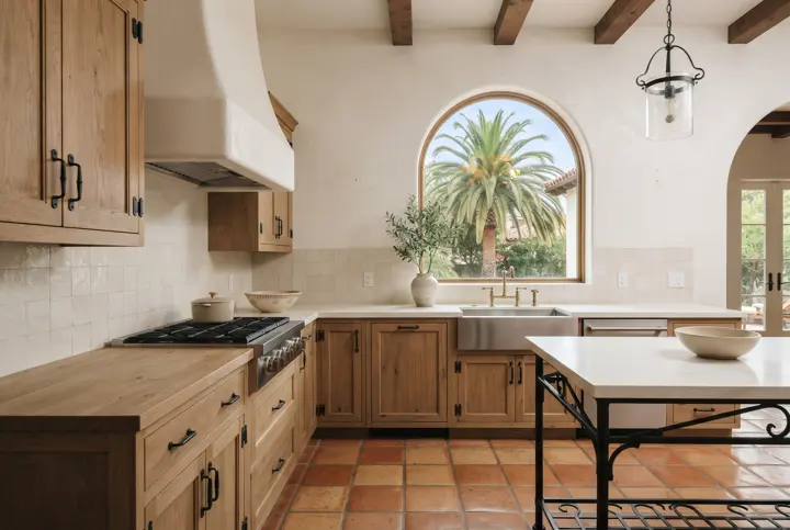 A Spanish-style kitchen with warm terracotta floor tile, creamy white plaster walls