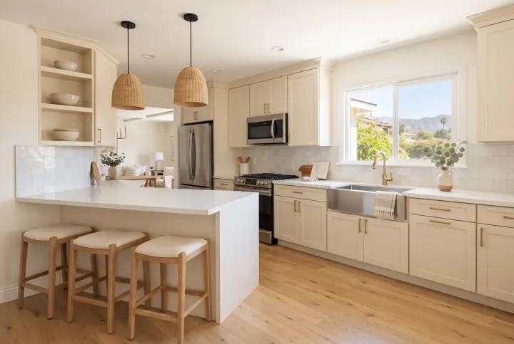 A modern kitchen with warm cream-colored shaker cabinets