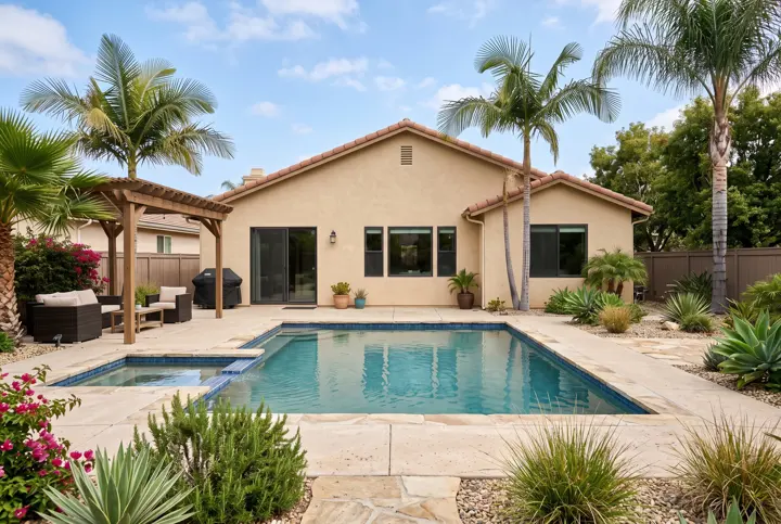 Backyard pool and spa with palm trees, a wood pergola and a stucco home