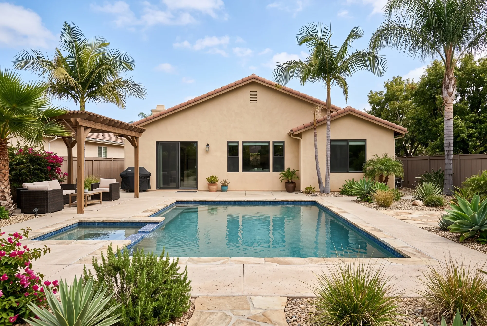 Backyard pool and spa with palm trees, a wood pergola and a stucco home