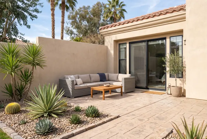 Stamped-concrete patio with an outdoor sectional, agave plants and sliding glass doors
