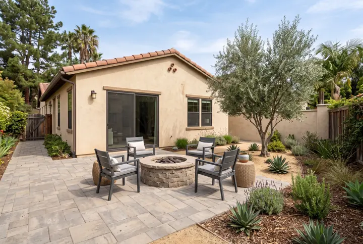 Paver patio with a gas fire pit, four chairs and an olive tree in a low-water garden