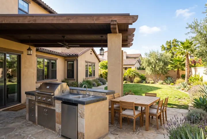Covered patio with an outdoor kitchen, built-in grill and a dining table on a green lawn