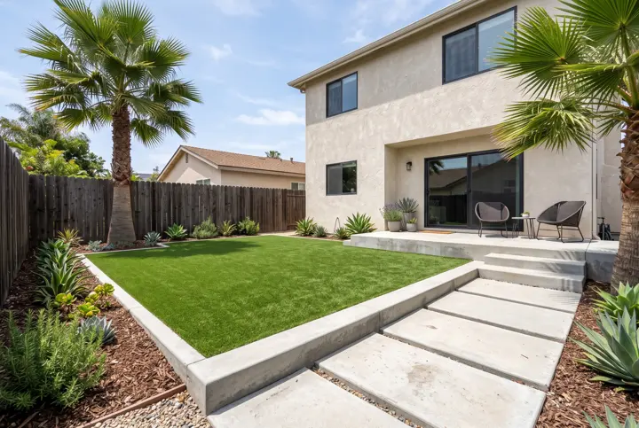 Artificial-turf lawn with concrete steps and a modern hardscape beside a two-story stucco home