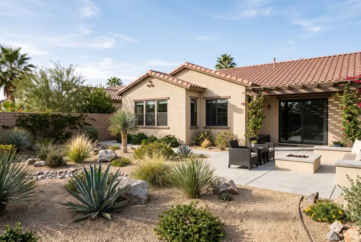 Low-water desert landscape with gravel, agave and a concrete patio with lounge seating