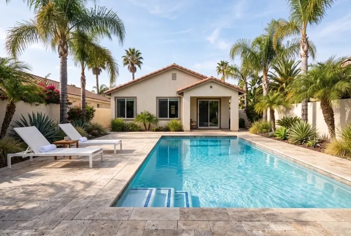 Travertine pool deck with white lounge chairs, palm trees and a stucco house