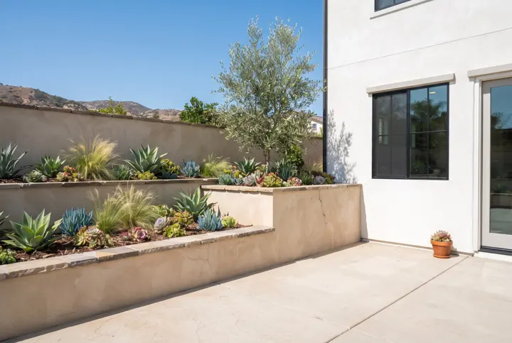 A backyard with raised stucco planter beds and a low tiered retaining wall in warm beige stucco with a stone cap