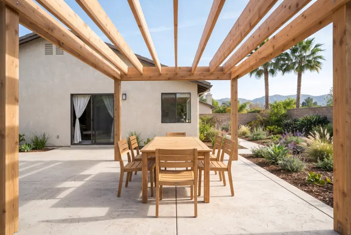 An outdoor dining area under a freestanding cedar pergola with open rafters over a light stamped-concrete patio