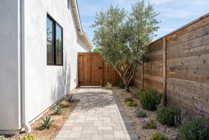 A narrow side-yard path of light gray and tan interlocking pavers between a white stucco house wall and a wood fence
