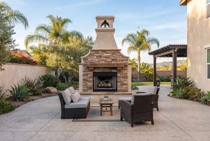 A backyard outdoor fireplace seating area with a stucco and stone fireplace with a wood mantel
