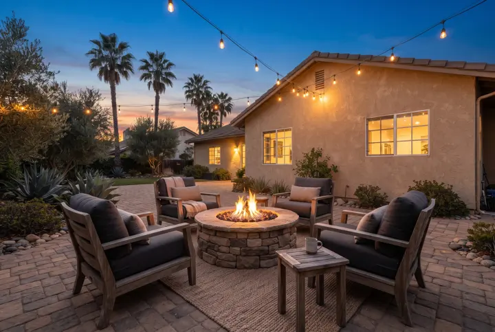 A backyard fire pit seating area at dusk with a round stone fire pit with a low flame